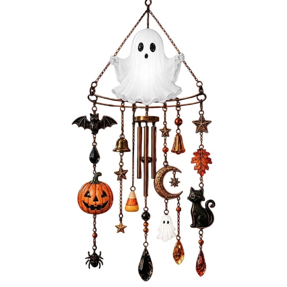 THHEIC Glow in the Dark Ghost Halloween Wind Chime with Bells, 1 Pack Haunted Glow Wind Chime, Halloween Outdoor Hanging Decor for Porch Patio Garden Tree Yard