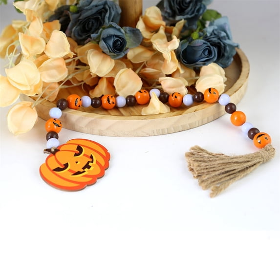 THHEIC Halloween Wooden Bead Tassel Garland Decoration, Farmhouse Country Rope Grid Tassel Tray Decor, Retro Room Home Wall String Prayer Halloween Garland