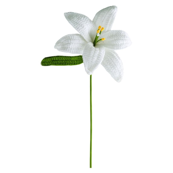 THHEIC Handmade Crochet Lily Flower Knitted Lily Flowers Bouquet with Leaf and Stems Fake Crochet Flowers Bouquet for Home Party Decorations Gift DIY Flower Bouquet