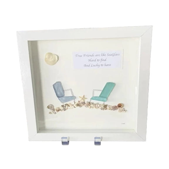 THHEIC Handmade Sea Glass Beach Chairs Wall Art, Friendship Sea Glass Artwork in Decorative Frame, Good Friend Gift for Best Friends, Coastal Theme Home Decor