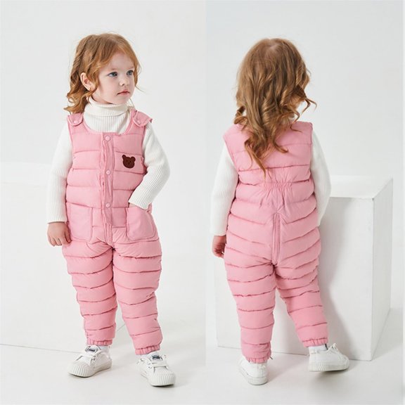 THHEIC Insulated Zip Up Quilted Snow Bibs for Baby Boys Girls, Padded Build and Front Zipper, Cold Weather Warm Outdoor Wear (Pink, 6-12 Months)