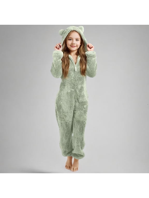 Kids Bear Hooded Zip Up Onesie with Ears, Attached Hood and Ear Detailing, Soft Plush Fabric, Animal Theme Party Wear (Light Green, 4-5 Years)