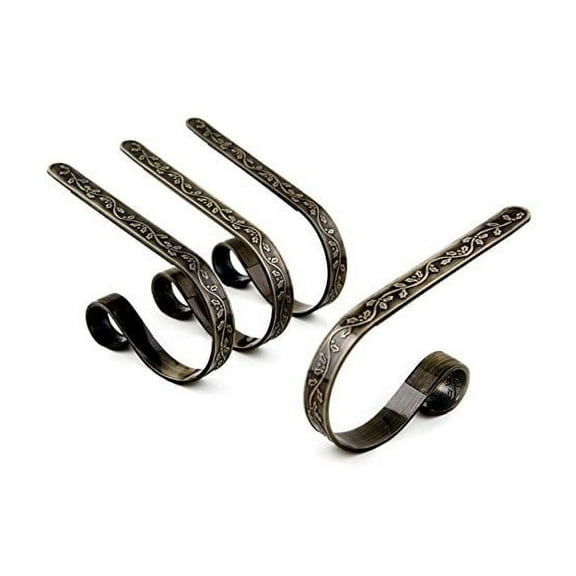 THHEIC Stocking Holders 4 Pack - Embossed Antique Brass Mantel Stocking Hangers with Scroll Design, Adjustable Secure Stocking Hooks for Mantels and Holiday Decor