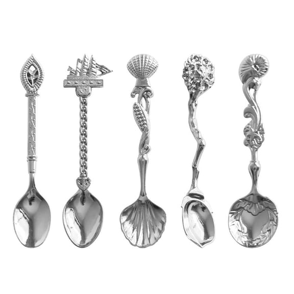 THHEIC Vintage Royal Style Carved Coffee Spoons Set, Antique Silver Dessert Teaspoons 5PCS, Mini Tableware for Ice Cream and Desserts, Decorative Spoons for Cafe Kitchen Dining Bar