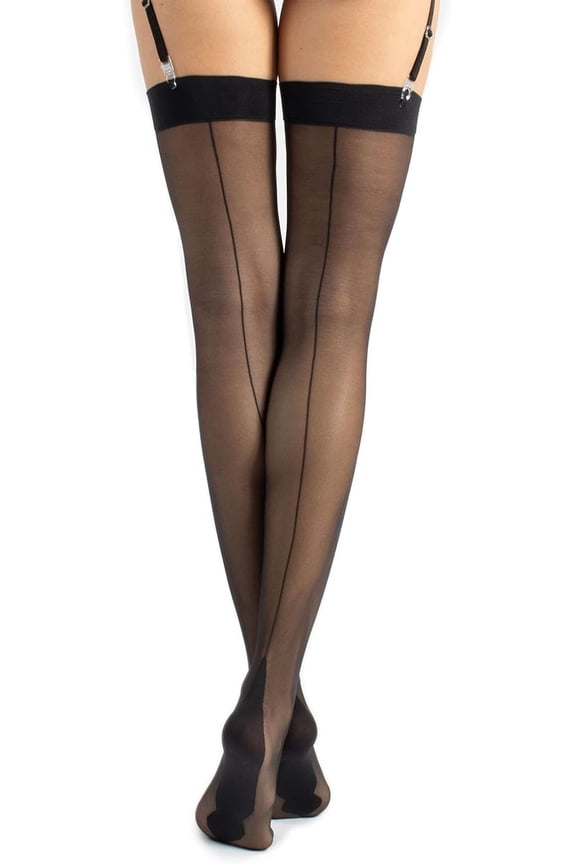 THIGH HIGH STOCKINGS | SUSPENDER PANTYHOSE | 15 DEN | BLACK, SKIN | ITALIAN HOSIERY | (XXL, BLACK)