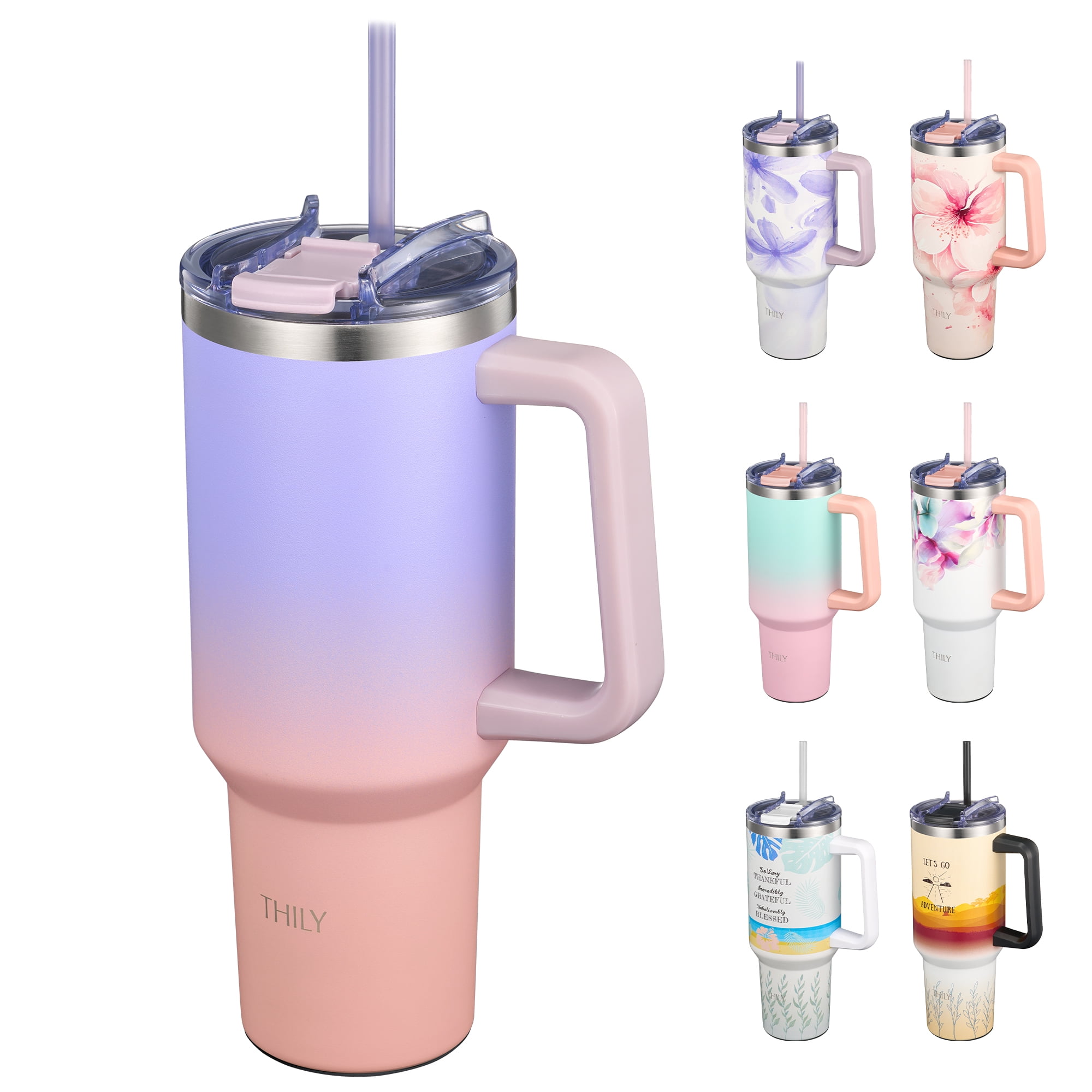 THILY 40 oz Insulated Tumbler with Handle - Stainless Steel Coffee Travel Mug with Lid and Straws, Cupholder Friendly, BPA Free, Splash-proof, for Women, Mother, Wife, Girls, Lavender Dream