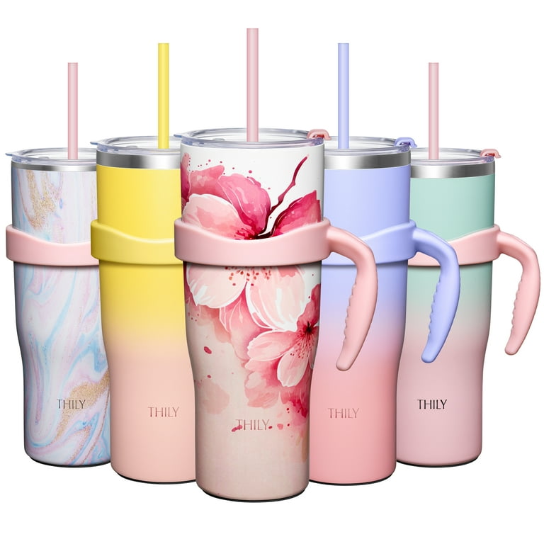 THILY 40 oz Insulated Tumbler with Handle - Stainless Steel Coffee Travel  Mug with Lid and Straws, Keep Drinks Cold for 34 Hours or Hot for 12 Hours,  BPA Free, Cherry Blossoms 