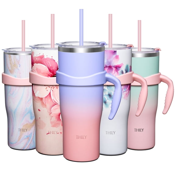 THILY 40 oz Insulated Tumbler with Handle - Stainless Steel Coffee Travel Mug with Lid and Straws, Keep Drinks Cold for 34 Hours or Hot for 12 Hours, BPA Free, Lavender Dream