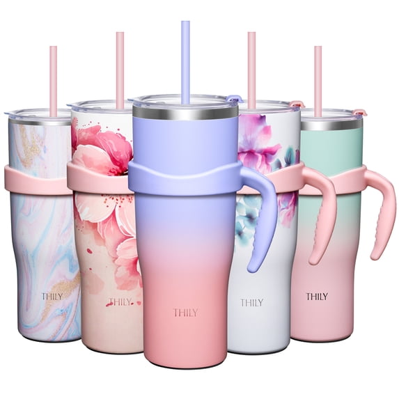 THILY 40 oz Insulated Tumbler with Handle - Stainless Steel Coffee Travel Mug with Lid and Straws, Keep Drinks Cold for 34 Hours or Hot for 12 Hours, BPA Free, Lavender Dream