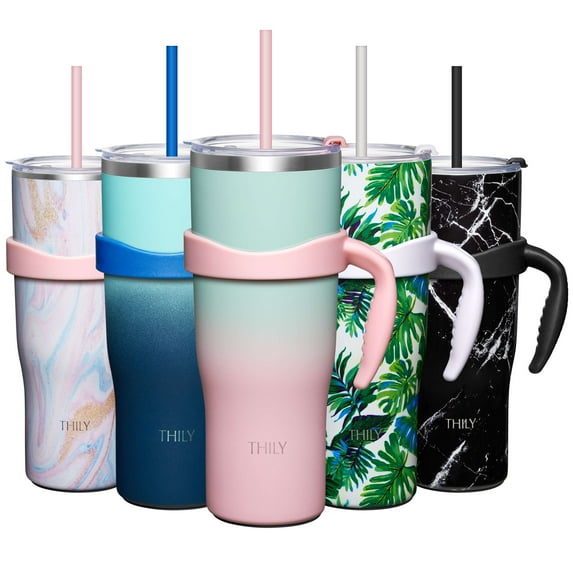 THILY 40 oz Insulated Tumbler with Handle - Stainless Steel Coffee Travel Mug with Lid and Straws, Keep Drinks Cold for 34 Hours or Hot for 12 Hours, Dishwasher Safe, BPA Free, Candy Pink
