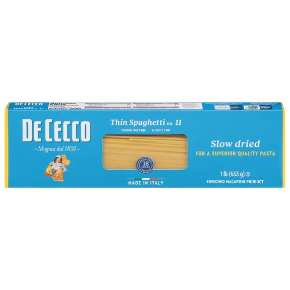 De Cecco Thin Spaghetti No. 11, Slow Dried, Bronze Cut, Non-GMO, Made in Italy, 16 oz