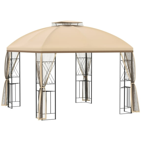 Harper & Bright Designs 10' x 10' Patio Gazebo with Corner Shelves, Double Roof Outdoor Gazebo Canopy Shelter with Removable Mesh Netting, for Garden, Lawn, Backyard and Deck, Beige