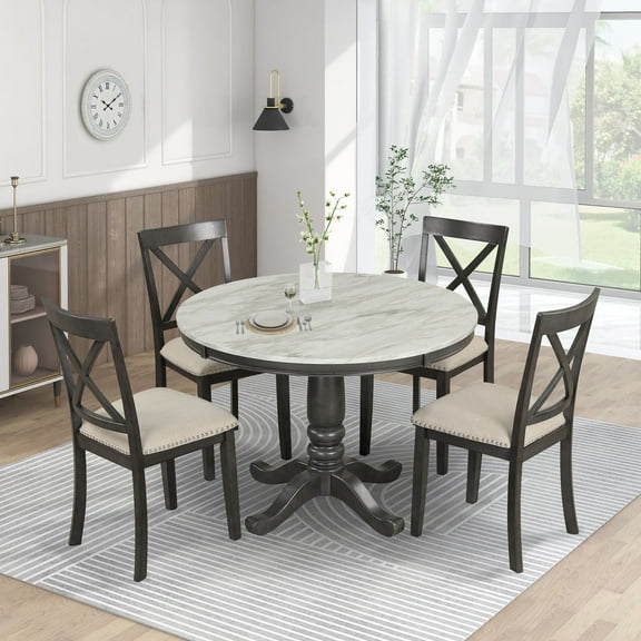 Harper & Bright Designs 5 Piece Modern Wood Dining Table Set with Faux Marble Table and 4 Upholstered Chairs Kitchen Dining Room, Gray
