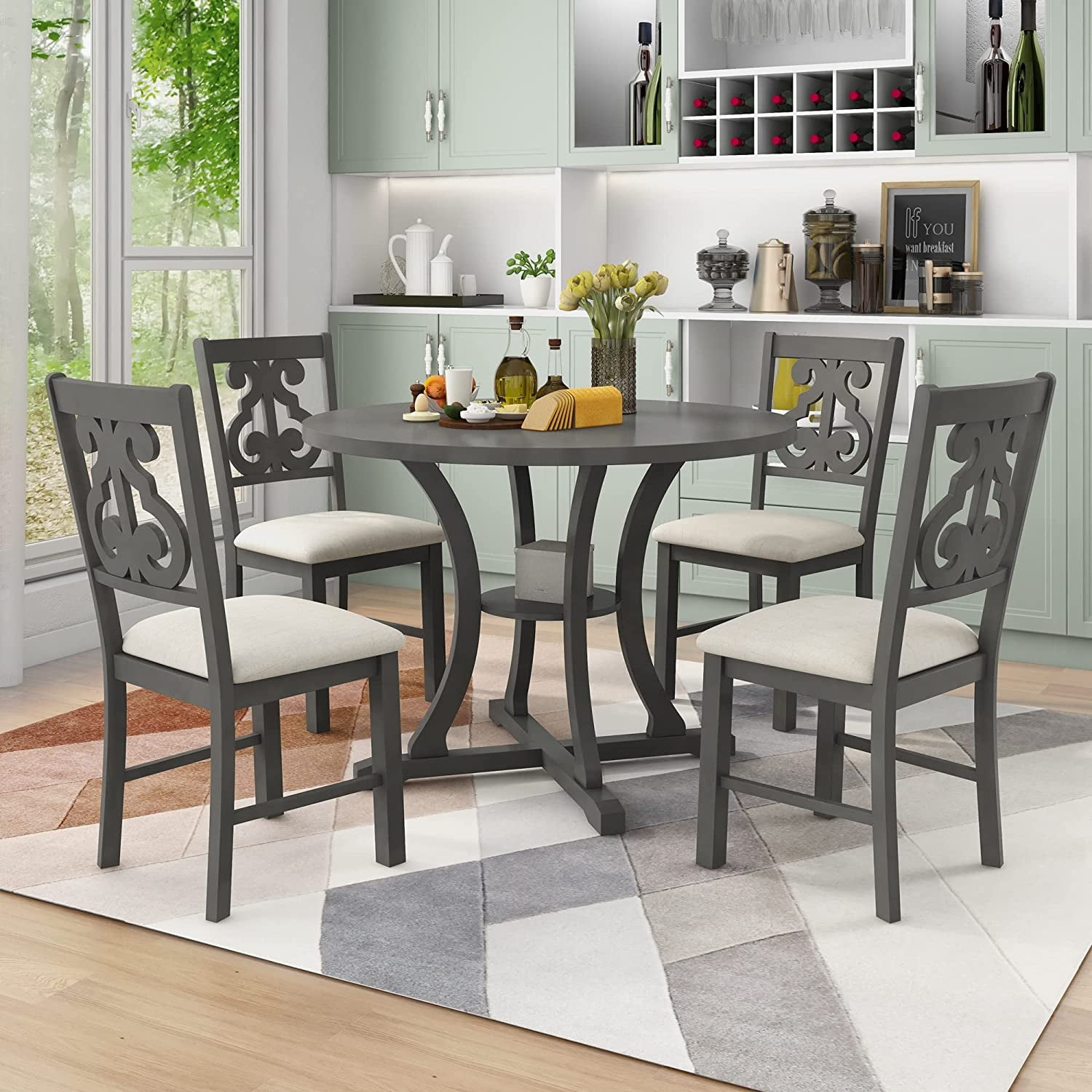 THINK 5-Piece Round Dining Set, Table & 4 Fabric Chairs with Unique ...