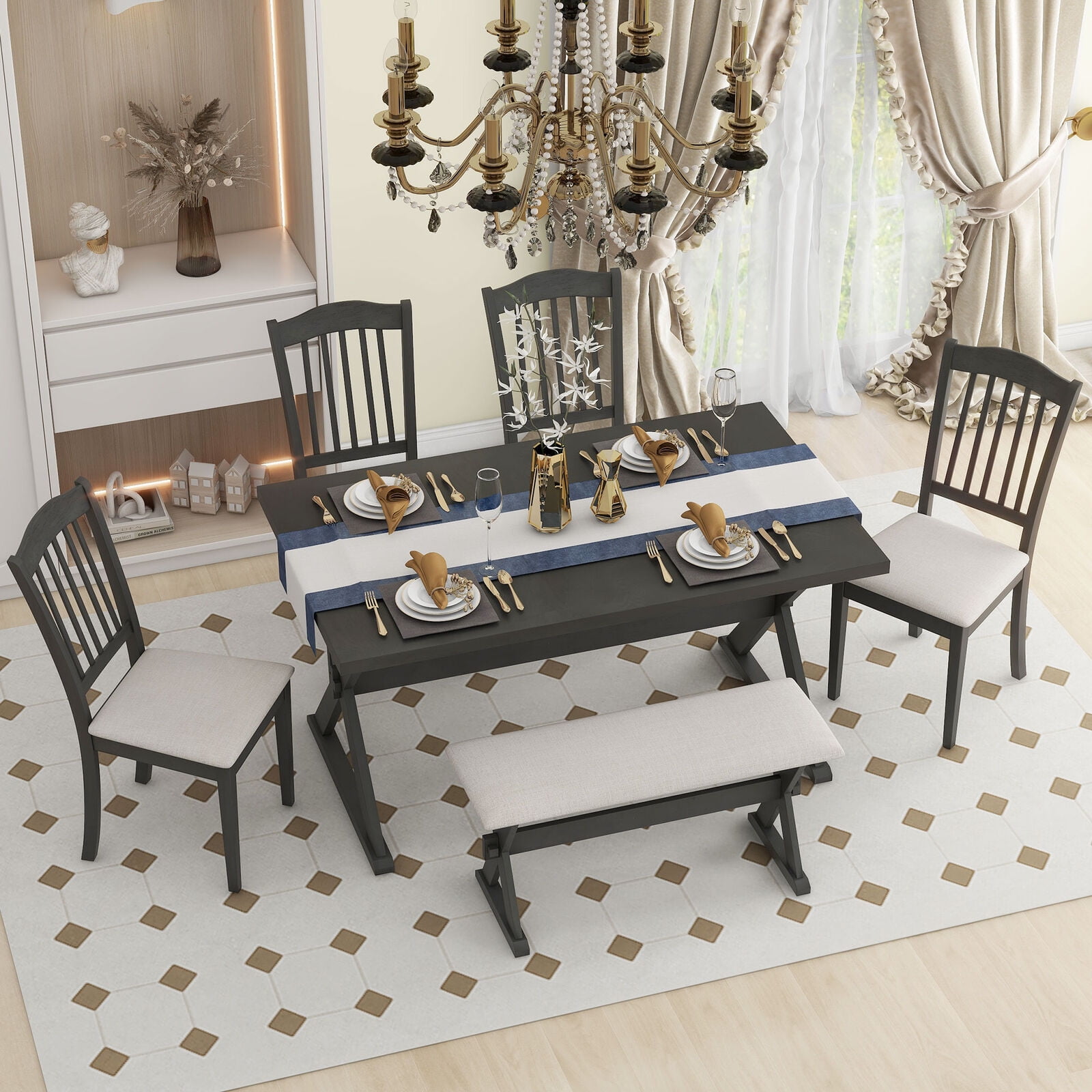 Harper & Bright Designs 6-Piece Dining Table Set with 4 Upholstered ...