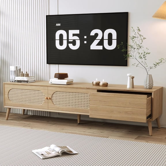 THINK 30 Boho TV Stand for TVs up to 80'', Modern Farmhouse Media Console, Entertainment Center with Solid Wood Legs, TV Cabinet for Living Room, Home Theatre, Natural