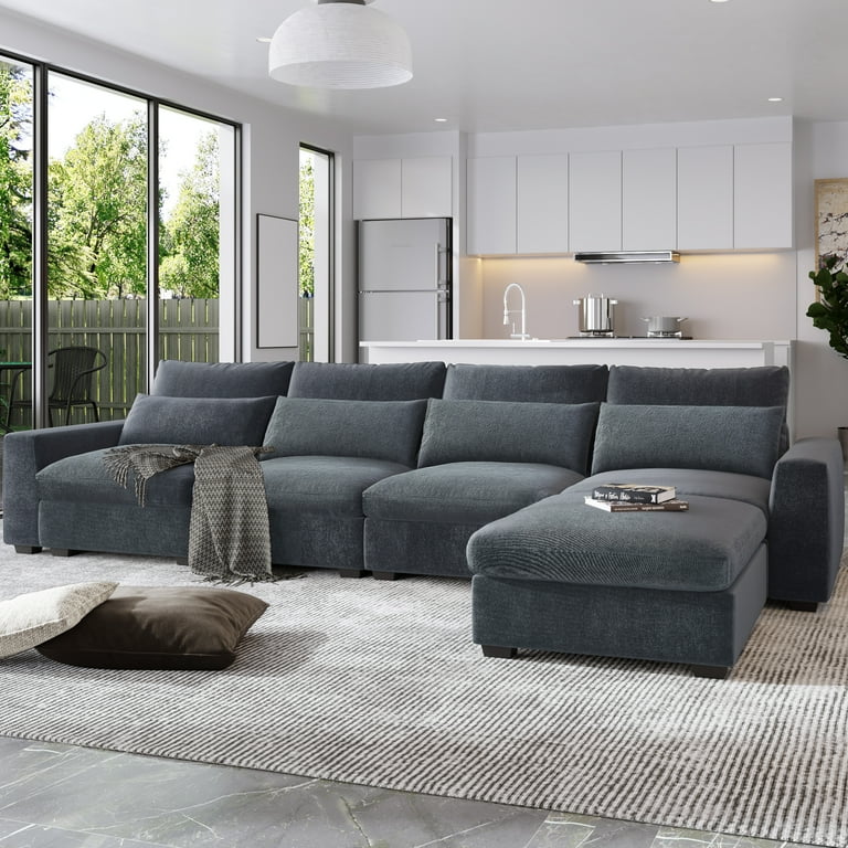 Think 30 Dark Gray 5 Seat Modern Large L Shape Feather Filled Sectional Sofa Convertible Sofa Couch with Reversible Chaise for Living Room