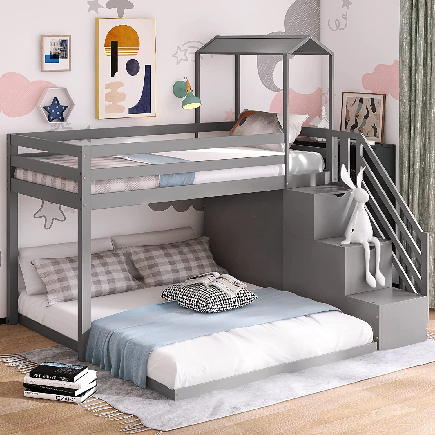 THINK 30,House Roof Bunk Bed with Staircase and Shelves, Wood Twin Over