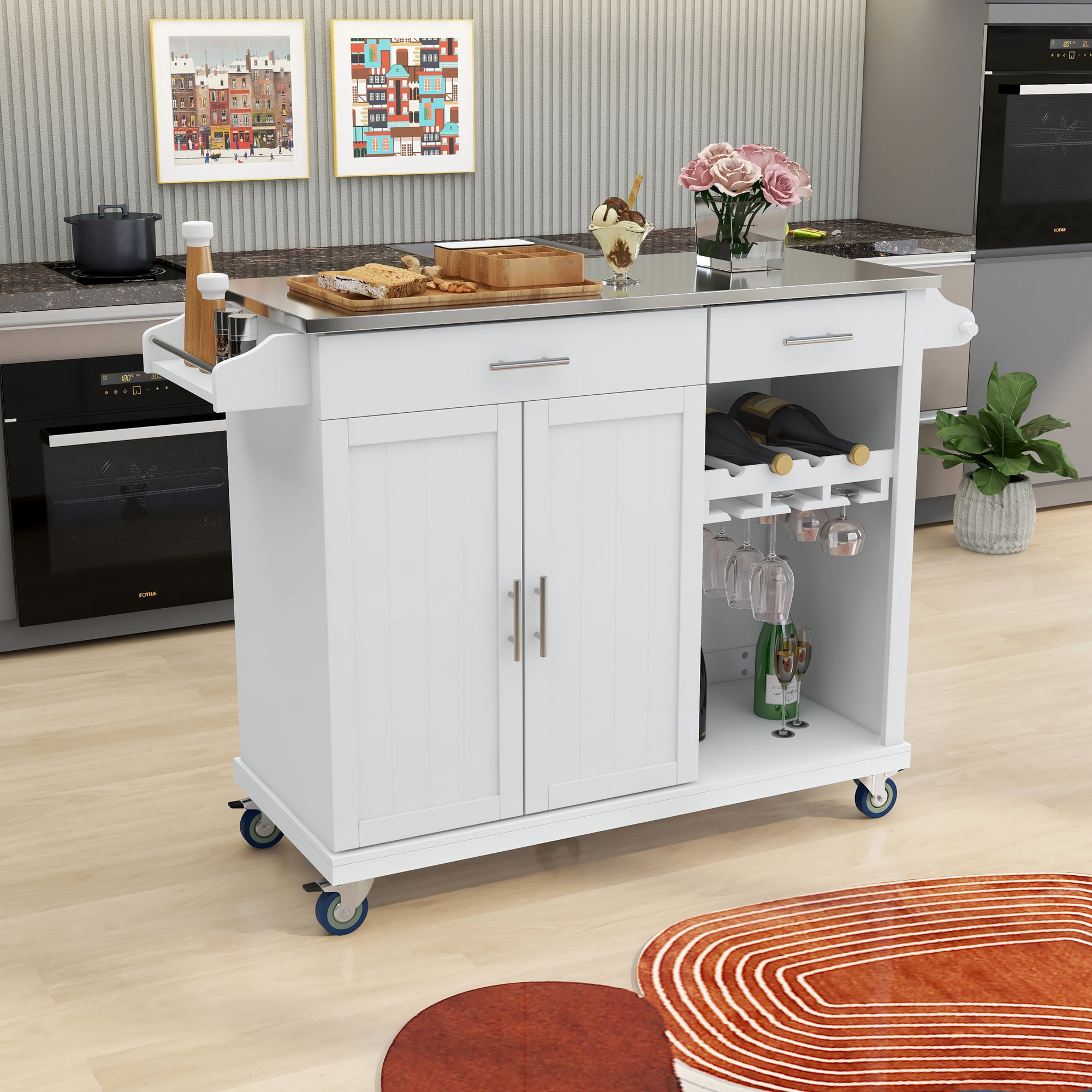 THINK 30,Kitchen Cart with Stainless Steel Top, Mobile Kitchen Island