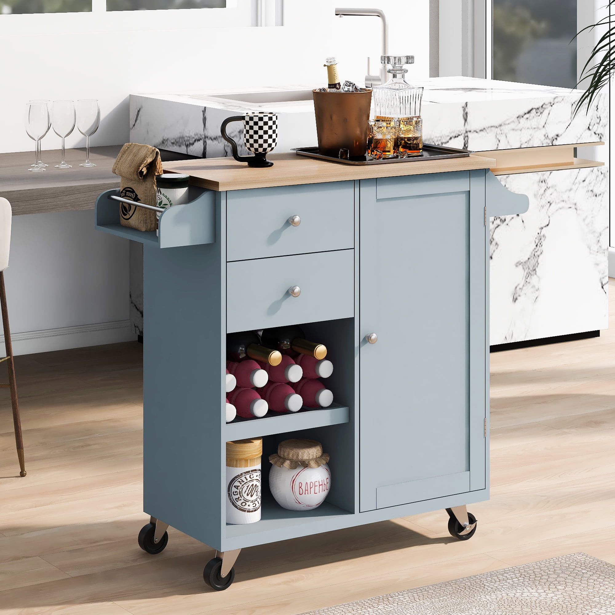 THINK 30,Kitchen Island Cart with Door 2 Drawers and Shelves, Kitchen Cart on Wheels, Accent