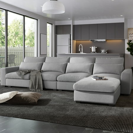 Harper & Bright Designs Light Gray, 5 Seat, Modern Large L-Shape Feather Filled Sectional Sofa, Convertible Sofa Couch with Reversible Chaise for Living Room