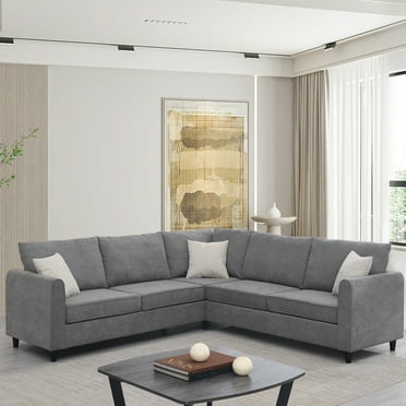 THINK 30,Upholstered Living Room Sectional Sofa, L Shape Furniture Couch with 3 Pillows, Fabric Sofa Couch for Large Space Apartments Office, Grey