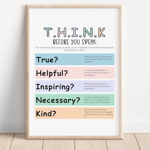 THINK Poster, Think Before You Speak Poster, Classroom Posters Elementary, Stop And Think, Calm Corner Prints, Educational Printables, Unframed Paper Poster 11x14in