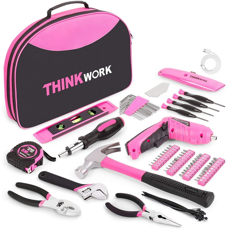 THINKWORK 122-Piece Pink Tool Kit with 3.6V Rotatable Electric Screwdriver-Ladies  Home Work Kit 