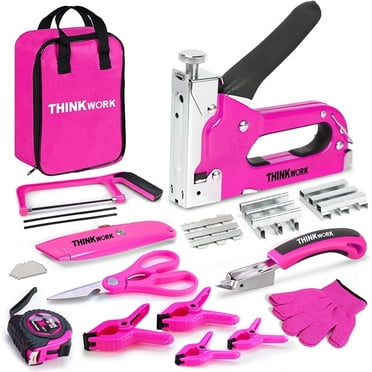 THINKWORK 27Pc Staple Gun Set includes pink staple guns, a 3-in-1 upholstery stapler, and 900 staples. Staple Gun tool kit is perfect for DIY projects