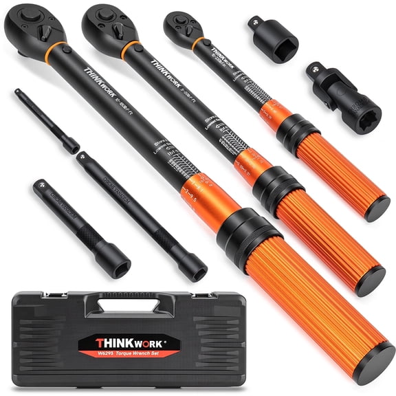 THINKWORK 8-Piece Precision Click Torque Wrench Set | 1/4", 3/8", 1/2" Drive | 10-230 in-lb, 5-50 ft-lb, 10-180 ft-lb | ±3% Accuracy,72-Tooth Dual Scale Torque Wrenches for Bike, Moto, Car Repair