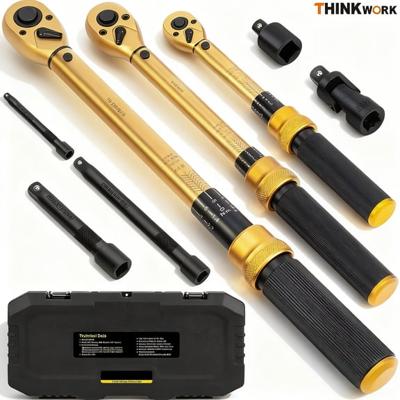 THINKWORK 8-Piece Precision Click Torque Wrench Set | 1/4", 3/8", 1/2" Drive | 10-230 in-lb, 5-50 ft-lb, 10-180 ft-lb | 3% Accuracy,72-Tooth Dual Scale Torque Wrenches for Bike, Moto, Car Repair