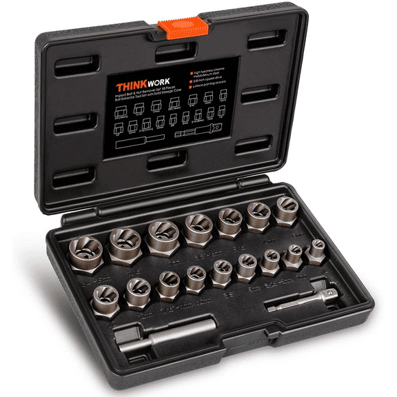 THINKWORK Bolt Extractor Set, 18 Pieces Impact Bolt & Nut Remover Set, Stripp...