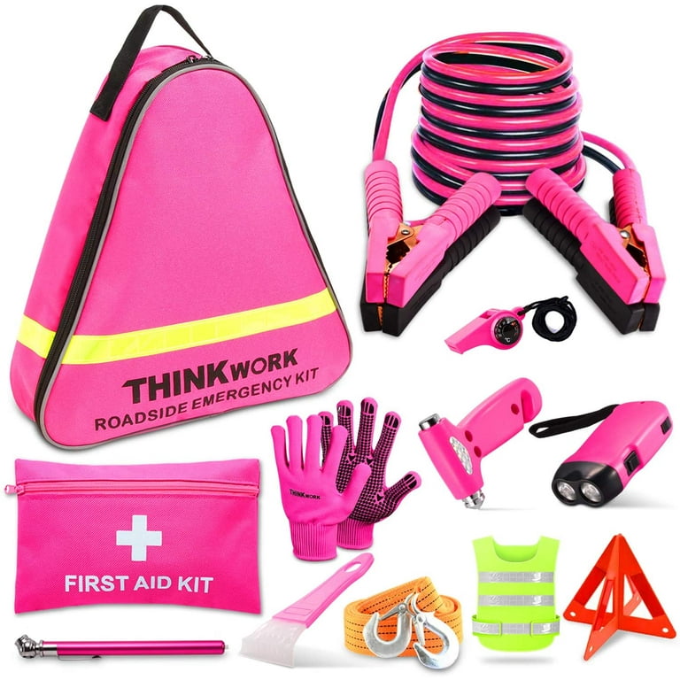 THINKWORK Car Emergency Kit for Teen Girls and Ladys Gifts, Pink Emergency  Roadside Assistance Kit with 10FT Jumper, First Aid Kit, LED Flare, Deer