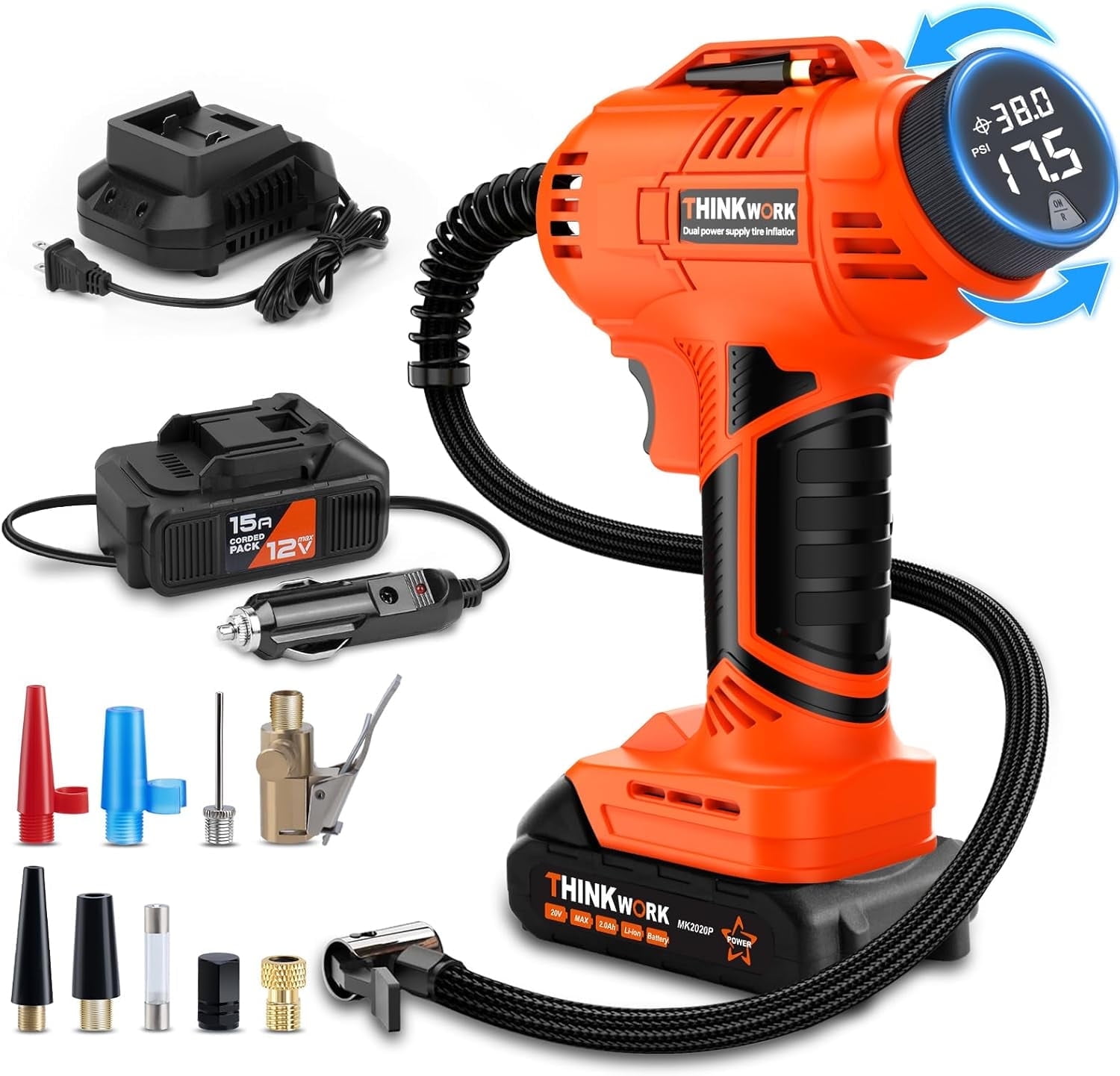 Thinkwork Cordless 20V Rechargeable, 150 PSI Tire Inflator - Orange