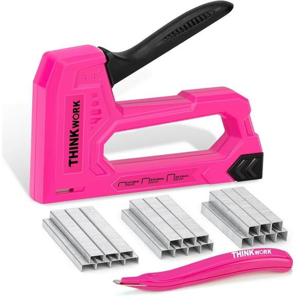 THINKWORK Light Duty Staple Gun, Pink Upholstery Staple Gun for Wood with 2100pcs JT21 Staples 1/4", 5/16", 3/8" and Staple Remover, Women Fabric Stapler Gun for Crafts, Wall, Arts, DIY, Decoration