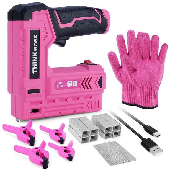THINKWORK Pink Electric Staple Gun - 2 in 1 Nail Gun Battery Powered with 1000Pcs Staples and Nails, 4V Cordless Upholstery Staple Gun for Wood, Brad Nailer with USB Charger for Carpentry, Crafts, DI