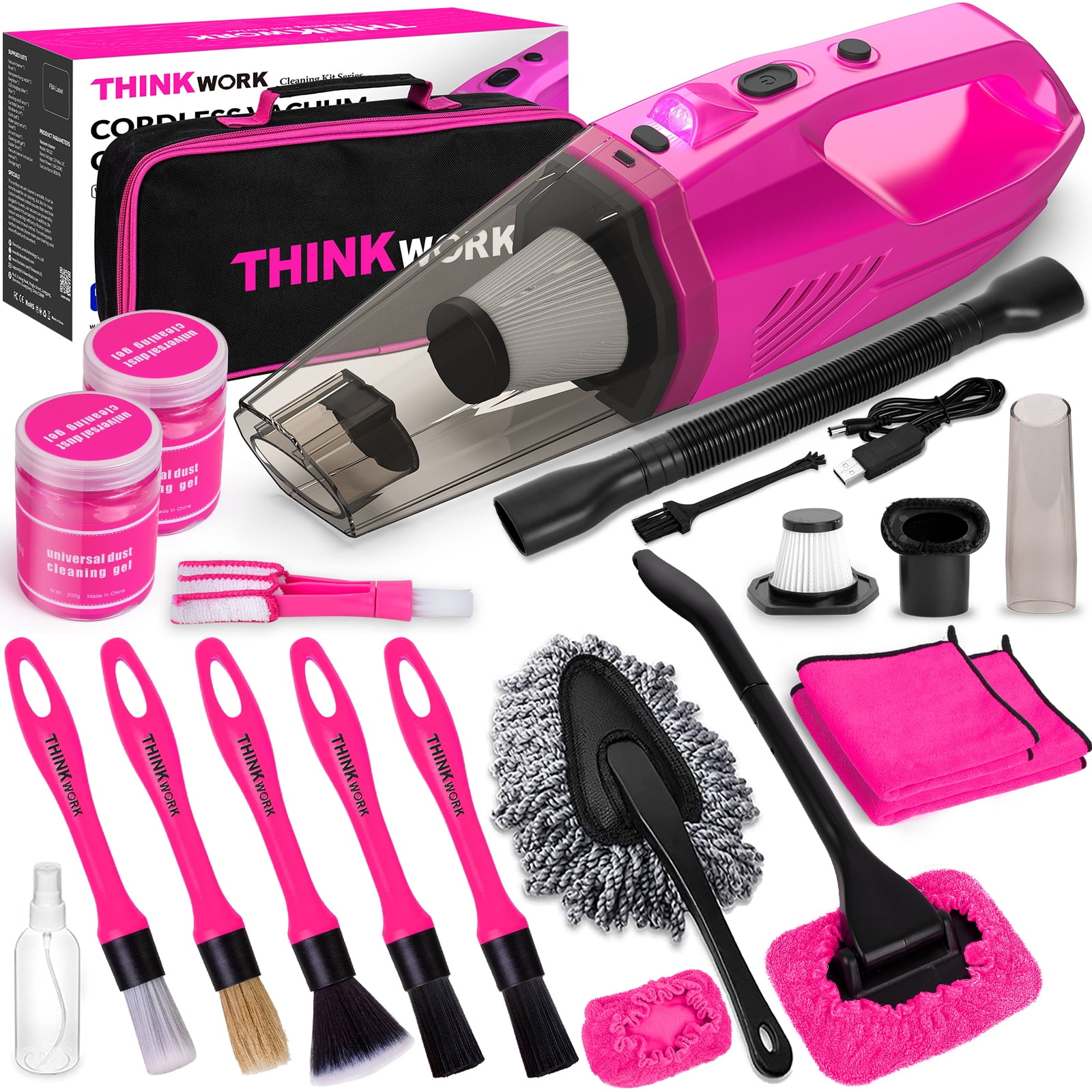 THINKWORK Pink Portable Vacuum Kit, Car Cleaning Kit with 8000PA Cordless  Rechargeable Handheld Vacuum Cleaner,Car Interior Detailing Brush Set, Car  Accessories for Cleaning, Gift for Women 