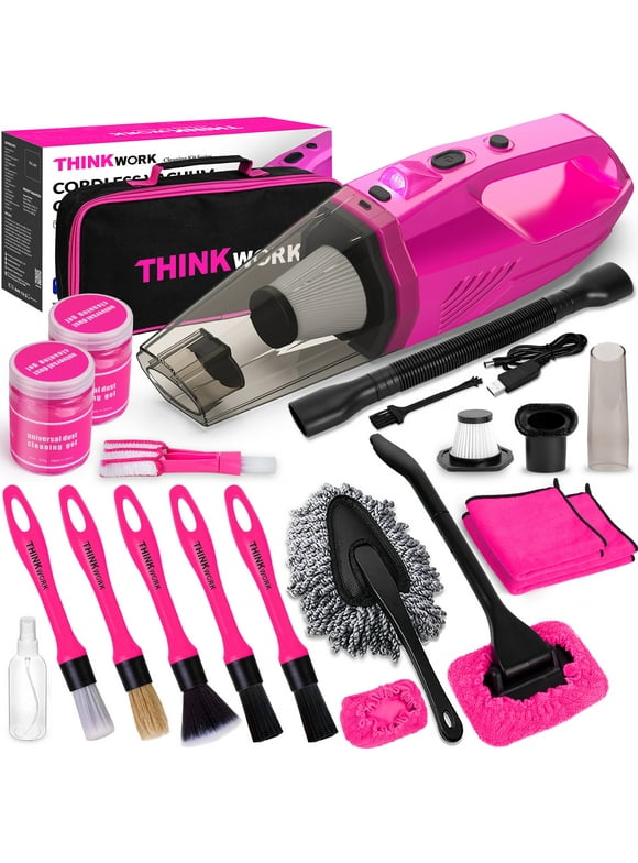 THINKWORK Pink Portable Vacuum Kit, Car Cleaning Kit with 8000PA Cordless Rechargeable Handheld Vacuum Cleaner,Car Interior Detailing Brush Set, Car Accessories for Cleaning, Gift for Women