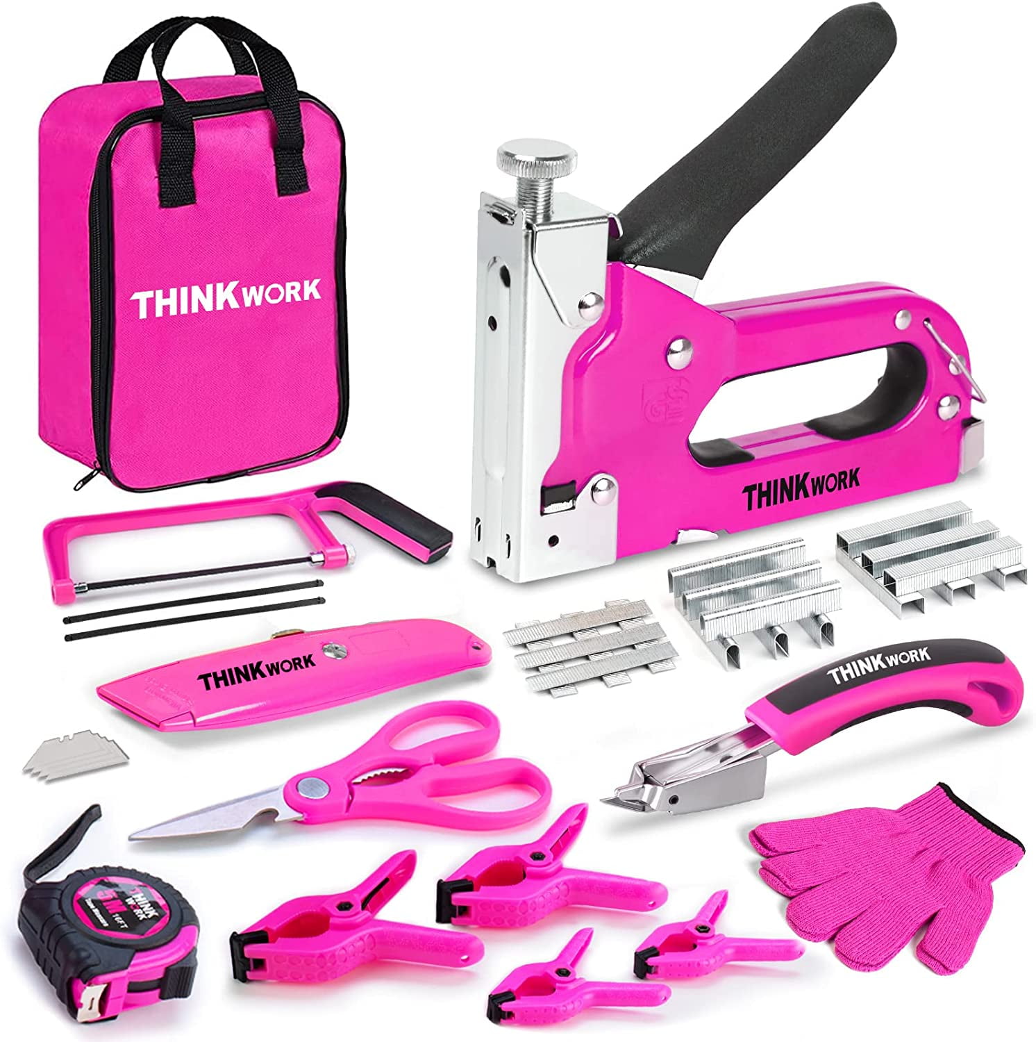 THINKWORK Pink Staple Gun Tool Set, 25 Piece Lady's Home Tool Kit