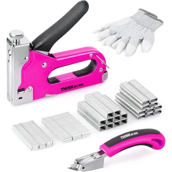 THINKWORK Upholstery Staple Gun Set, 4-in-1 Pink Staple Guns/Home Use with 3000 Staples, Heavy Duty with Remover for Wood, Cable, Fabric, Wall, Material Repair, DIY Manual Stapler