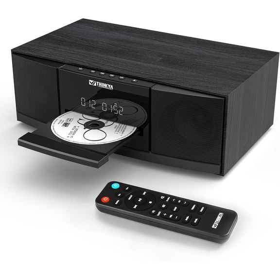 THINKYA JA-318 Stereo System for Home with CD Player, 36W RMS Bluetooth 5.3 CD Player with Speakers, FM Radio 40 Presets, USB/AUX Playback, LED Clock & Alarm, IR Remote Control, Black Wood