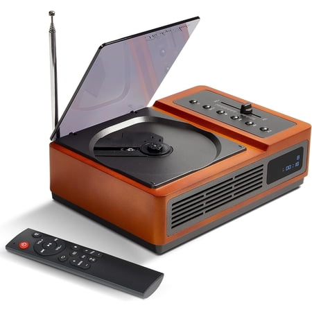 THINKYA R02 Retro CD Player with FM Radio, Bluetooth 5.3 Transmitter & Receiver, Dual Stereo Speakers, Rechargeable Battery, USB/SD Playback, Home Audio System, Brown