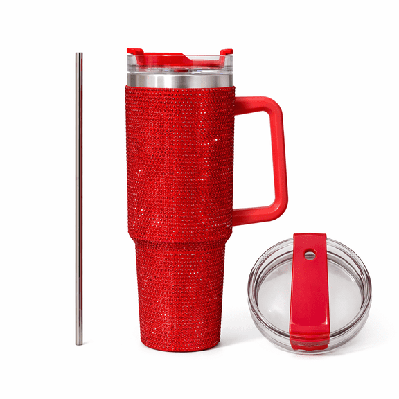 THIRSTEE 40 oz Rhinestone Insulated Tumbler with Handle & Straw, Stainless Steel Hot & Cold Travel Cup – Red