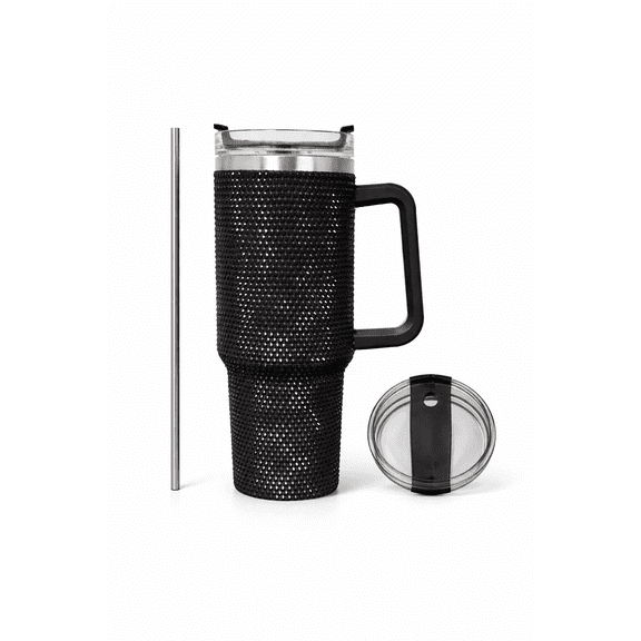 Thirstee 40 oz Black Bling Rhinestone Tumbler — Insulated Travel Mug with Handle & Straw Lid