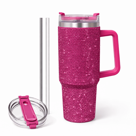 Thirstee 40 oz Rhinestone Tumbler, Bling Insulated Travel Mug with Handle and Metal Straw Lid, Hot Pink