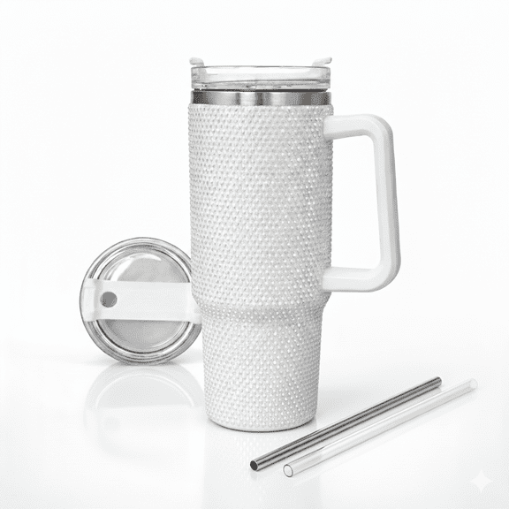 Thirstee 40 oz Rhinestone Tumbler with Handle and Metal Straw Lid, White Bling Insulated Travel Mug