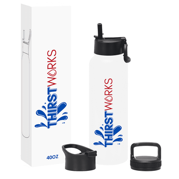 THIRSTWORKS Sports Water Bottle, Insulated Stainless Steel, Leak Proof, 3 Lids, Straw Lid, 40 fl oz, White