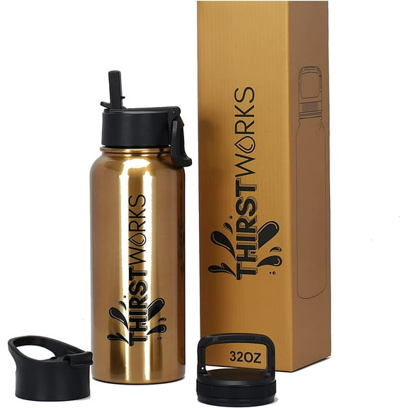 THIRSTWORKS Vacuum Insulated Stainless Steel, Leak Proof, Sports Water Bottle with Straw and 3 Lids, 32 fl oz, Gold