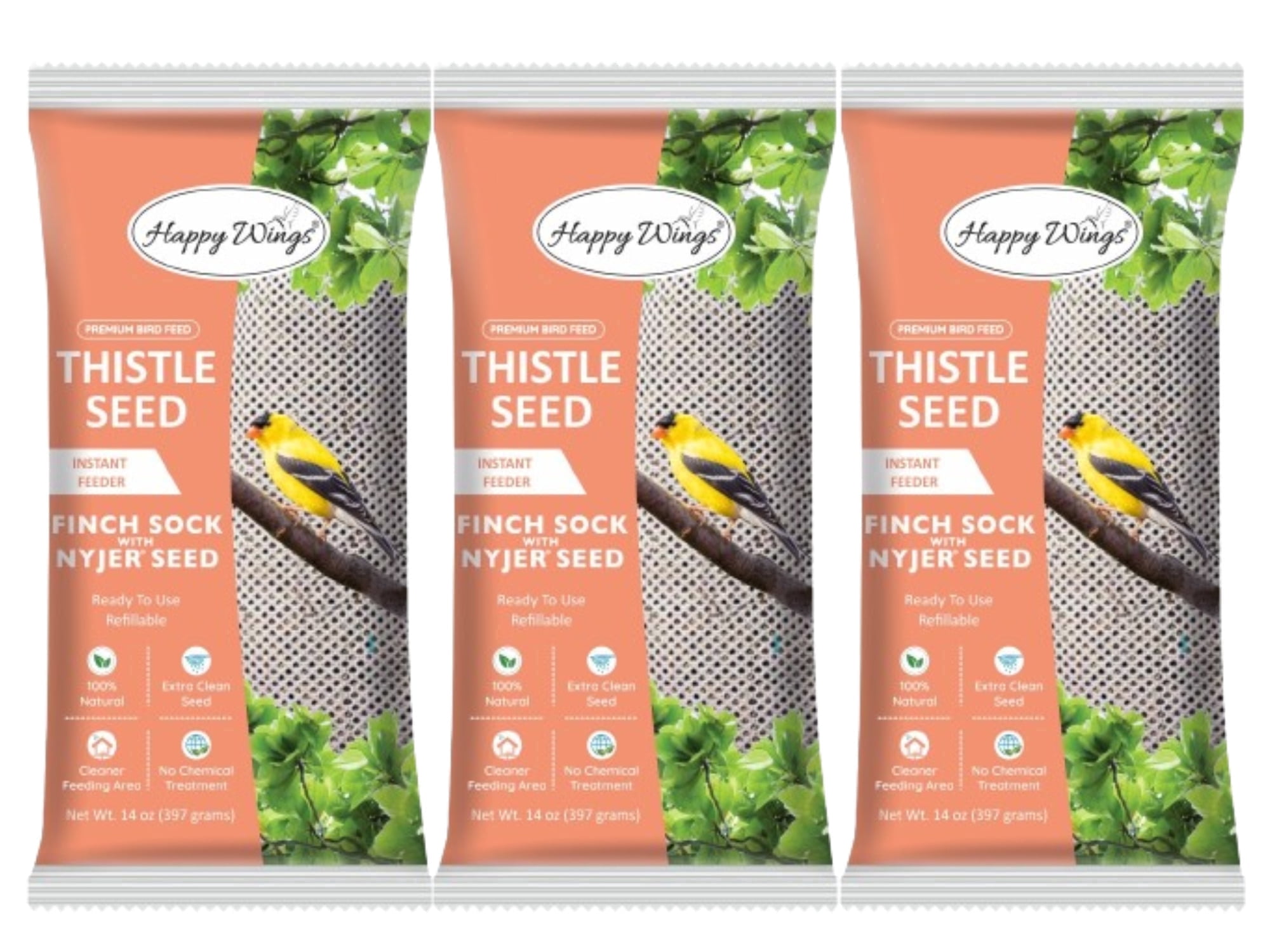 Happy Wings Nyjer/Thistle Seeds Wild Bird Food 14 Ounce (Pack of 3) | Prefilled Sock | No Grow Seed I Bird Seeds for Wild Birds