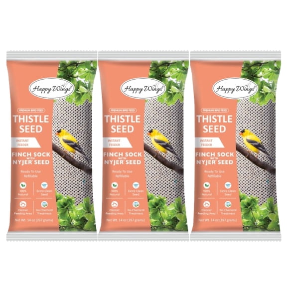 Happy Wings Nyjer/Thistle Seeds Wild Bird Food 14 Ounce (Pack of 3) | Prefilled Sock | No Grow Seed I Bird Seeds for Wild Birds